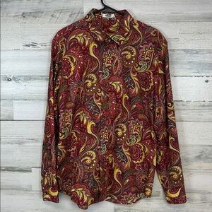 Coofandy Men's Red Paisley Button Front Shirt Long Sleeve Size Medium